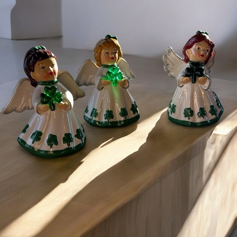 Mr Christmas Ceramic Angel Figurines with Shamrocks - Set of 3